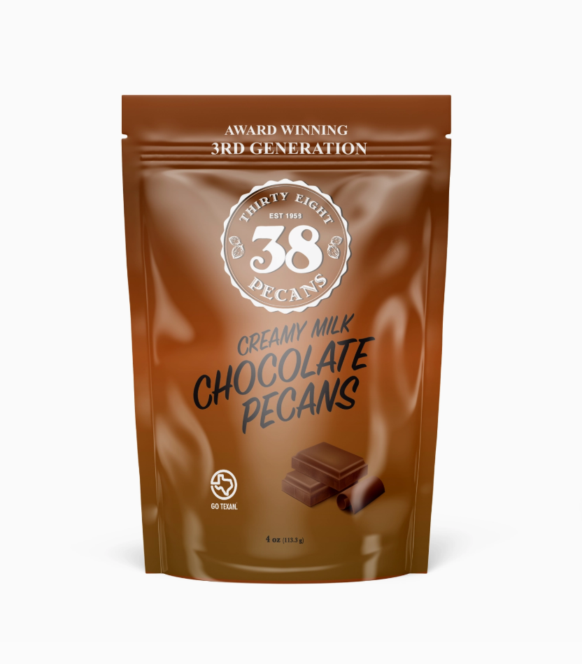 38 Pecans 4 oz Milk Chocolate Pecans in a rustic package, showcasing Texas-sourced pecans hand-dipped in creamy milk chocolate. Perfect for a Big Texas Hug Custom Tote Gift, this gourmet treat highlights Lone Star State craftsmanship.