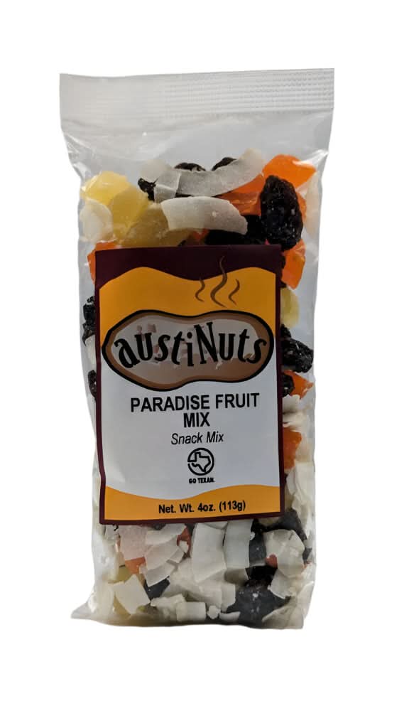 a 3oz bag of austinuts paradise fruit mix