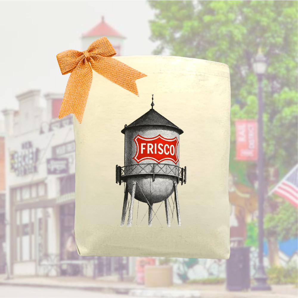 Frisco gift tote bag with vintage red water tower illustration and orange bow