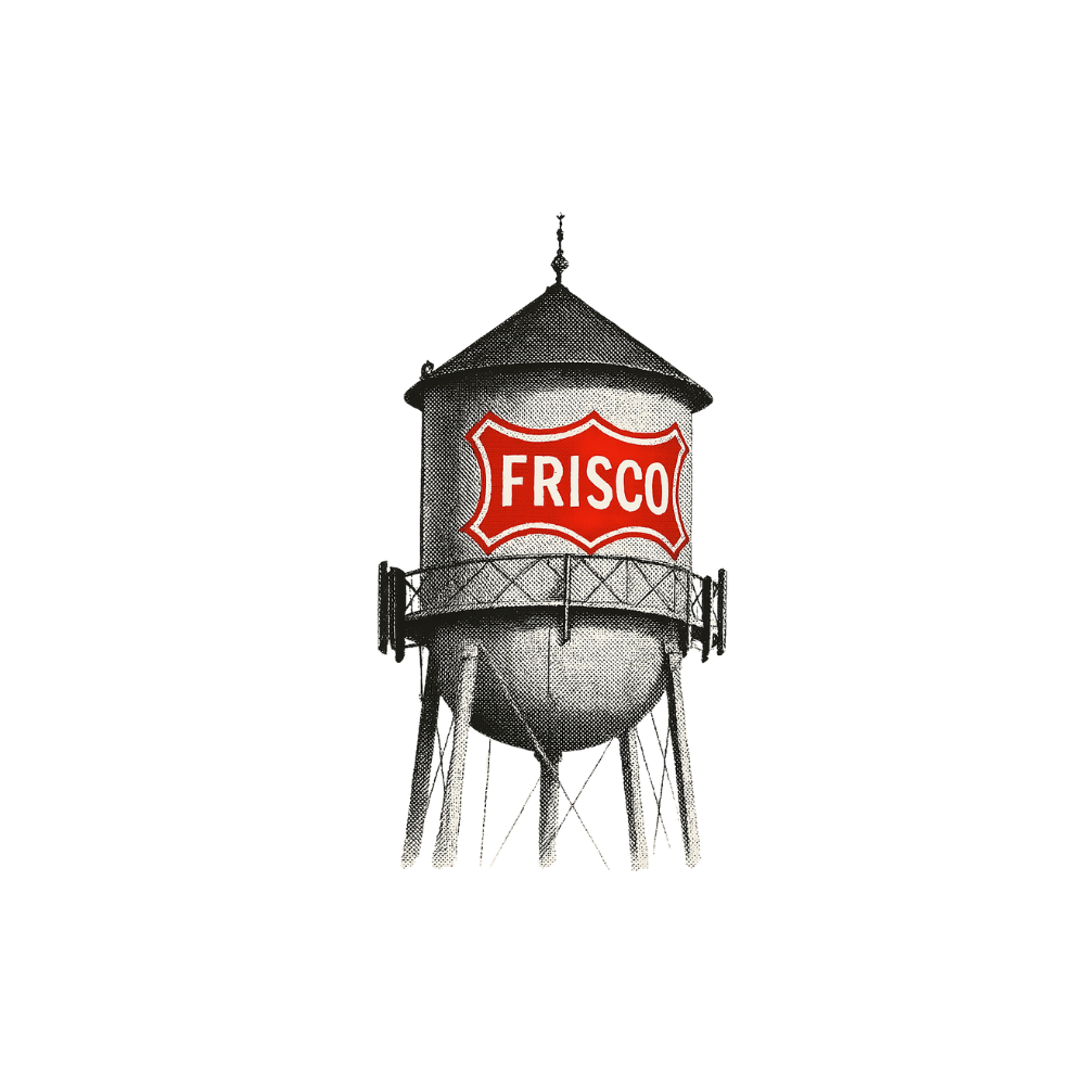 Frisco Texas water tower illustration with red emblem in vintage halftone style