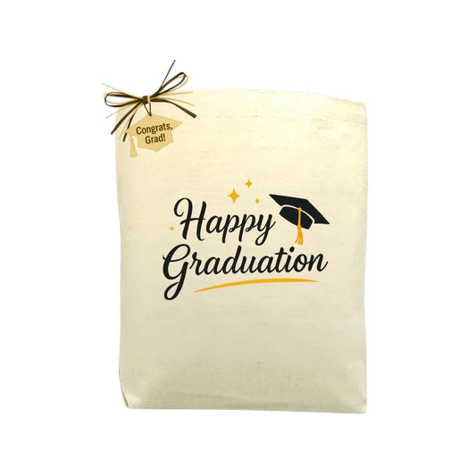 Graduation-themed gift bag with 'Happy Graduation' text and a bow on a white background