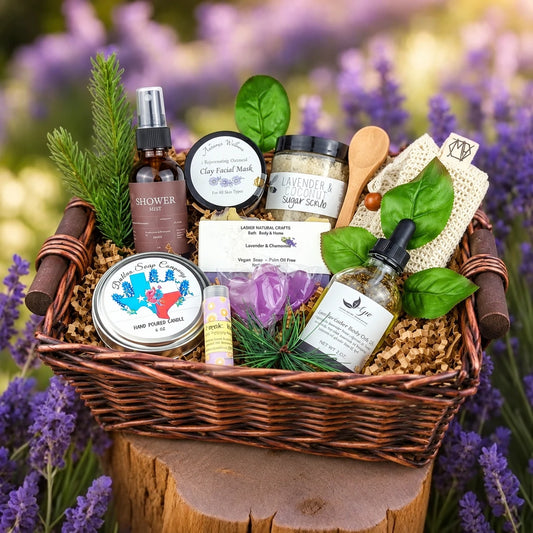 Hill Country Harmony spa gift in a brown square willow tray with wooden ear handles