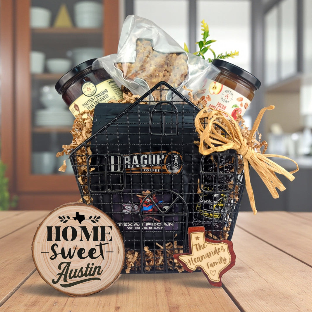 Home Sweet Austin gift basket with Texas treats and personalized keepsakes, ideal for housewarmings and special occasions in Austin, TX.