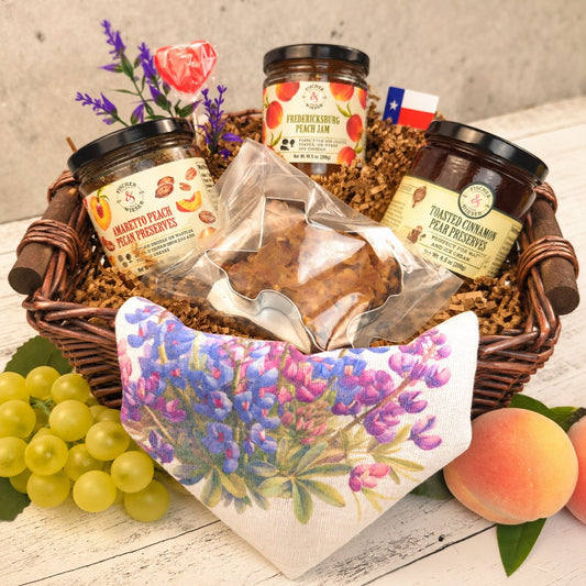 Preserves & Praline in a brown square willow tray with wooden ear handles