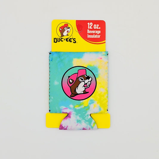 Buc-ee's 12 oz. beverage insulator with tie-dye design and cartoon character on a white background