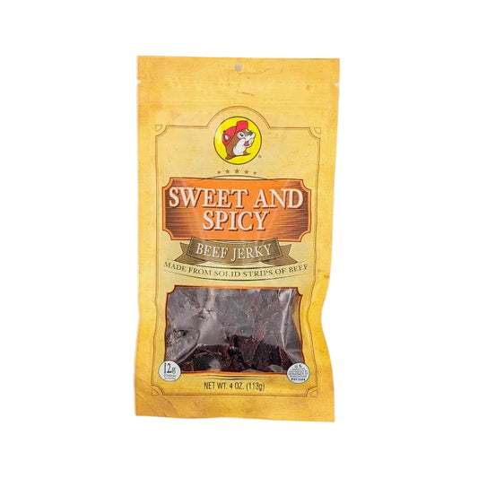 Packaged beef jerky with 'Sweet and Spicy' flavor on a white background