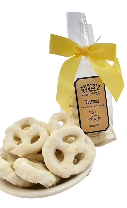 3 oz Lemon Pretzels by Susie’s South Forty, featuring crisp pretzels in a tangy lemon glaze. A Texas-made treat ideal for a Big Texas Hug Custom Tote Gift, showcasing Lone Star State flavors.
