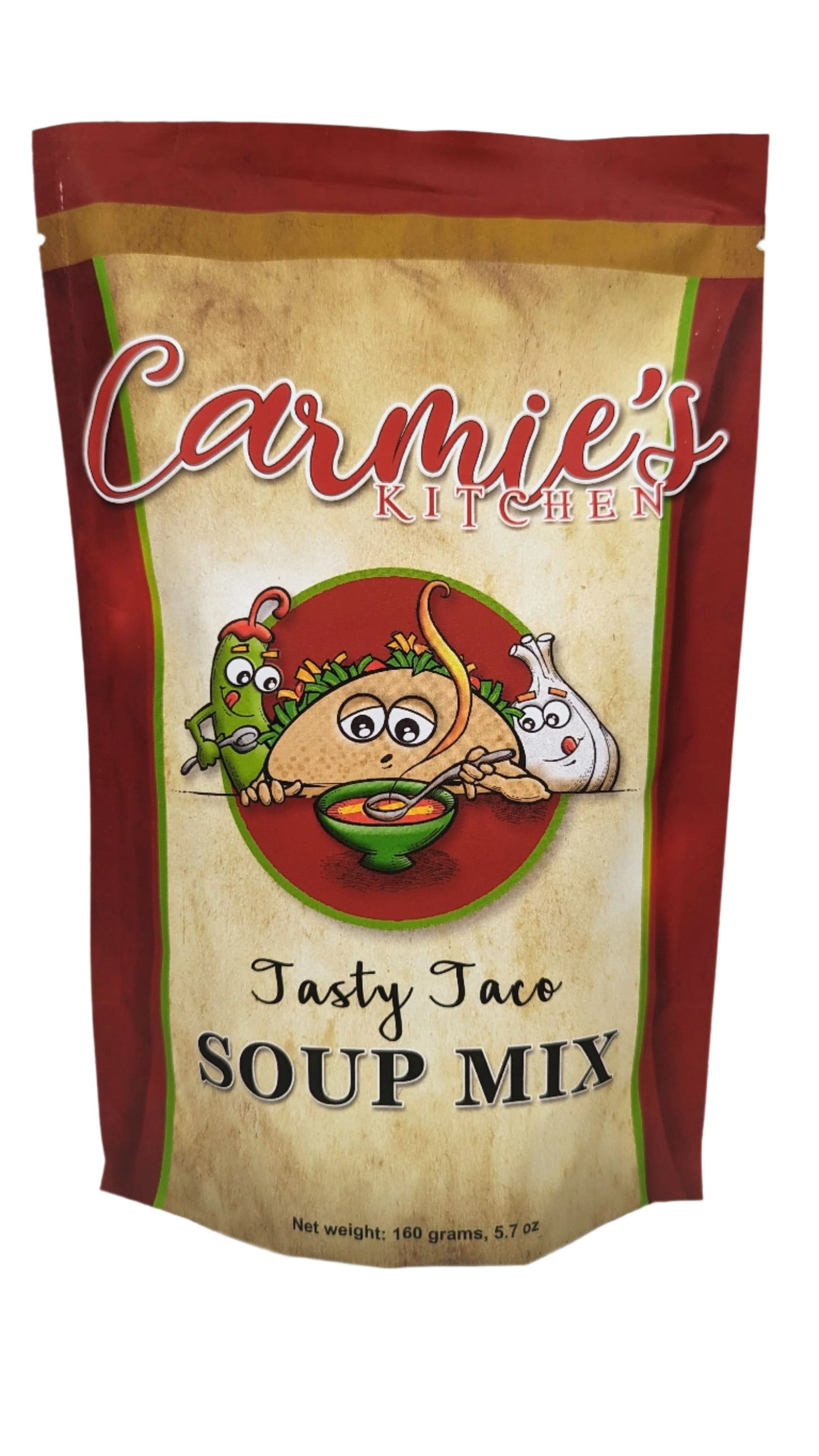 Hearty Taco Soup Mix in a rustic pouch with a bold Tex-Mex blend of chiles, herbs, beans, and corn, displayed on a wooden kitchen counter as part of a Texas gift basket.