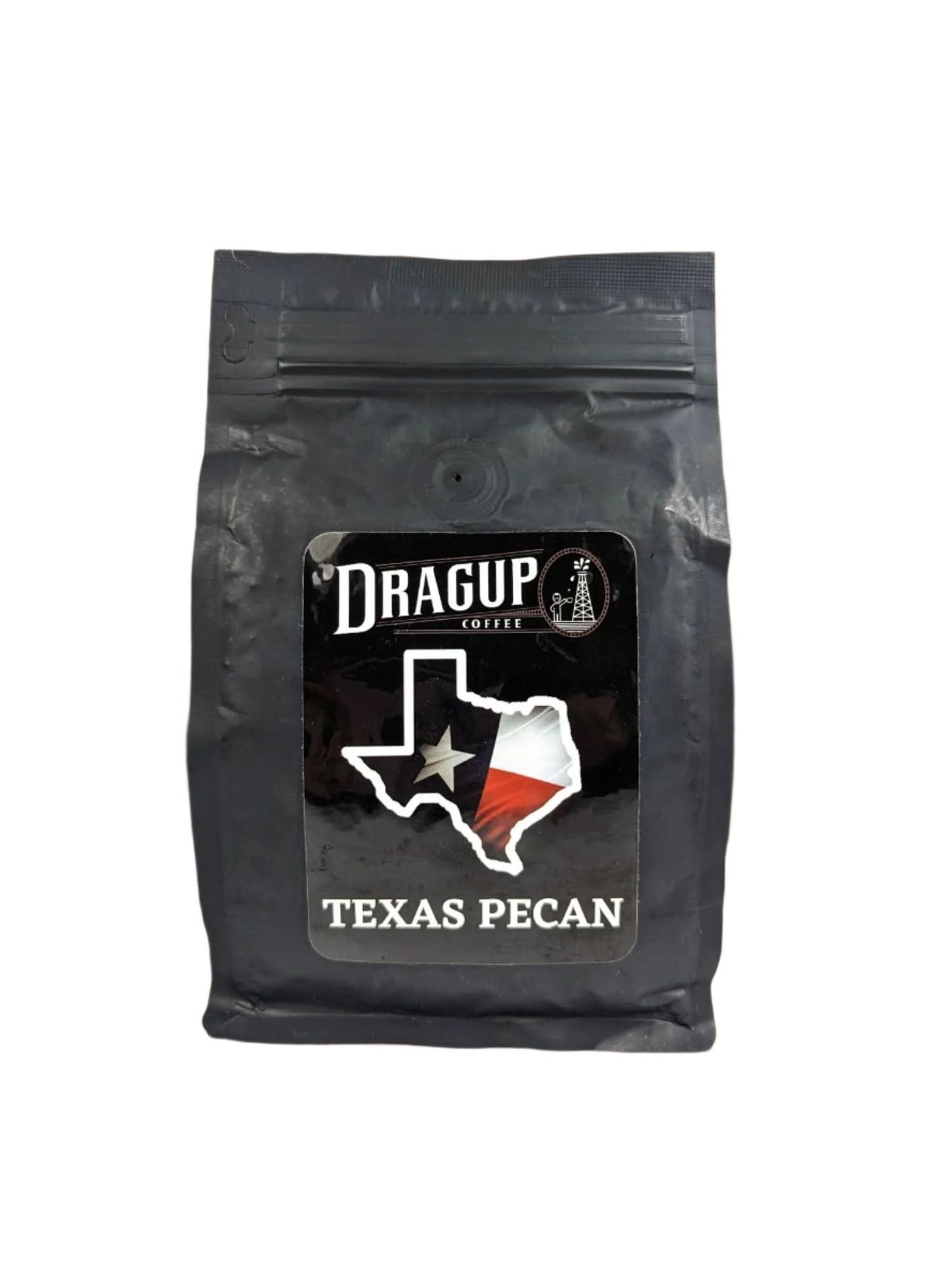 Dragup Texas Pecan Coffee bag – black package with Texas flag and pecan-flavored 100% Arabica coffee label