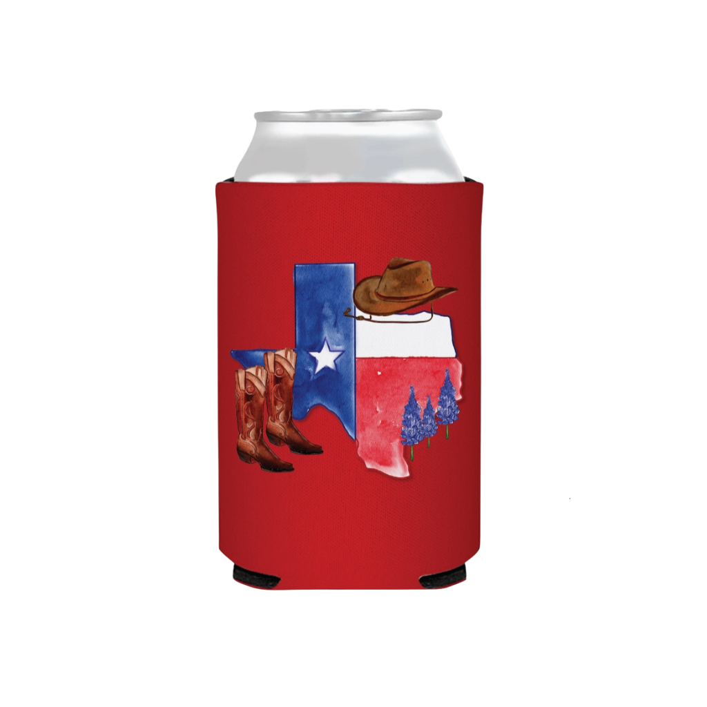 a red can koozie with an image of texas and cowboy boots and hat