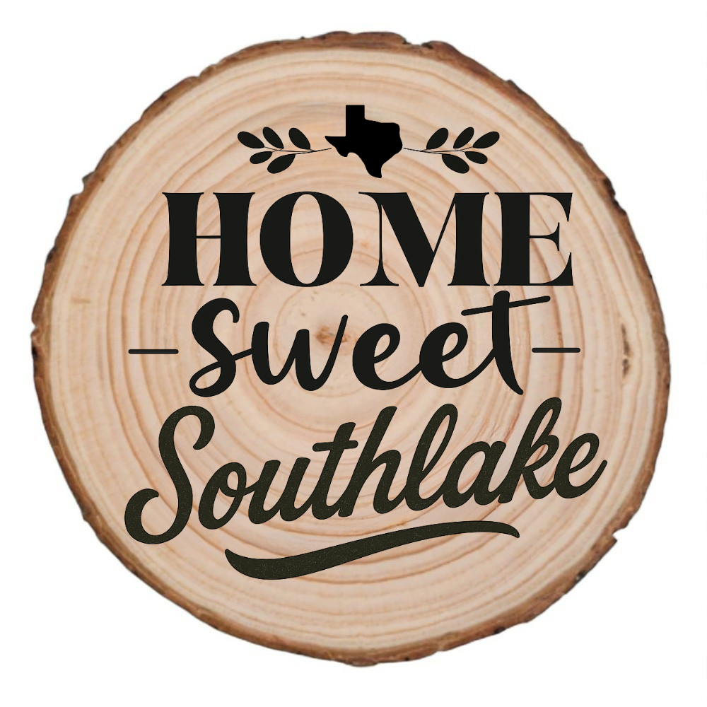 Natural wood slice coaster with “Home Sweet Southlake” laser engraving and Texas silhouette on white background.