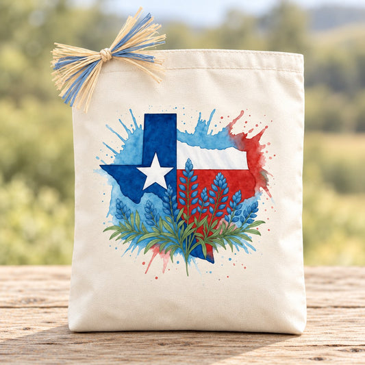 Texas in Bloom gift tote with Texas flag and bluebonnets, natural and blue raffia