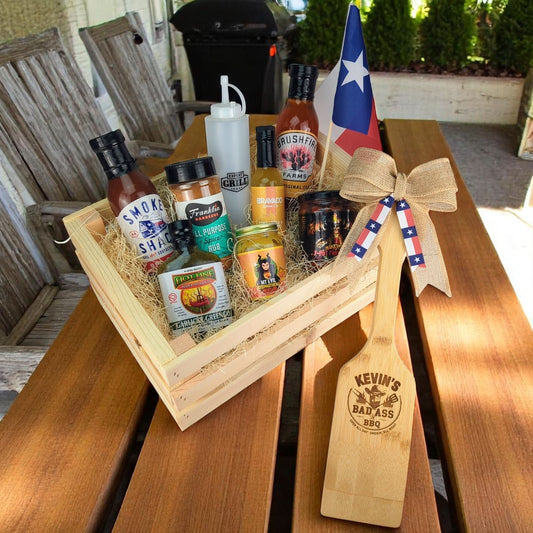 Large Texas BBQ gift crate filled with BBQ seasoning, hot mustard, BBQ sauce, tangy salsa, and sweet glaze and custom engraved scraper