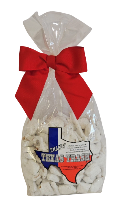 3 oz Texas Trash by Susie’s South Forty, featuring cereals, pretzels, and pecans in white chocolate. A Texas-made snack for a Big Texas Hug Custom Tote Gift, showcasing Lone Star State charm.