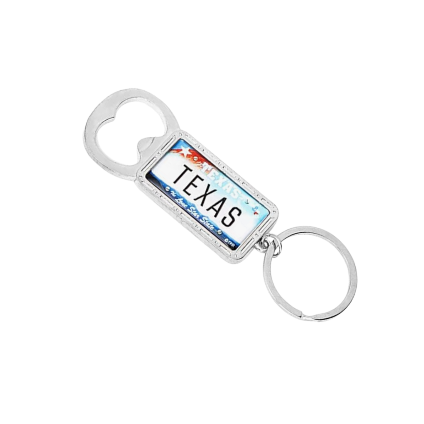 Texas keychain bottle opener, available for inclusion in a texas-themed gift basket, box, or tote