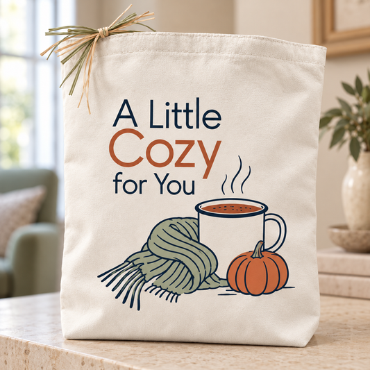 Cream canvas A Little Cozy for You tote with minimal navy, sage, and terracotta mug, scarf, and pumpkin artwork.