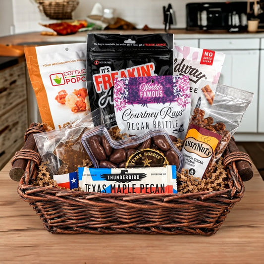 Aunt Katie's Tasty Texas Temptations in a brown square willow tray with wooden ear handles