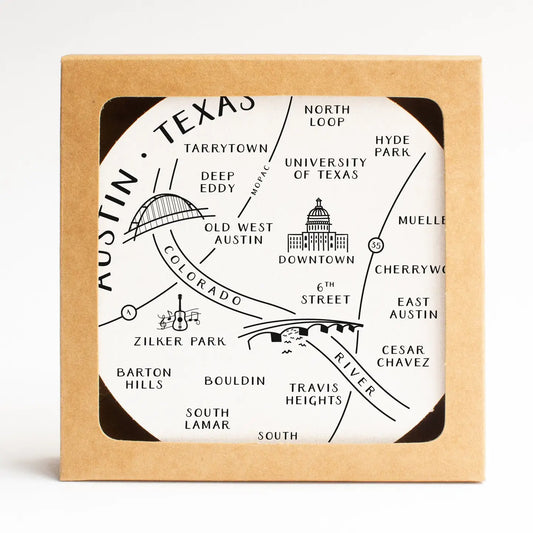 Austin Neighborhoods Map Coaster Set showing labeled Austin neighborhoods, styled as a Texas-themed home gift on the Texas Gift Baskets storefront