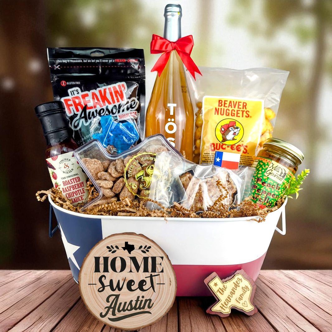 Austin Texas Homestyle Toast & Treats Basket with TÖST ROSÉ, Peach Pepper Jelly, Buc-ee’s Beaver Nuggets, Texas pecans, praline, chipotle sauce, and Texas flag tin