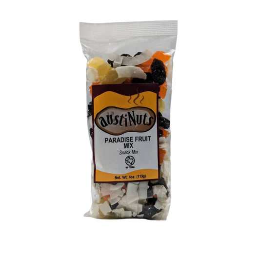 Clear bag of AustiNuts Paradise Fruit Mix snack mix with assorted dried fruit pieces
