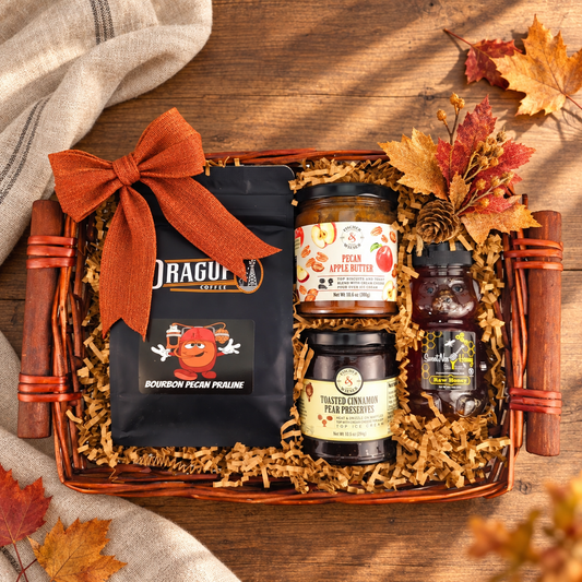 Autumn Mornings fall gift, preserving the original pear pecan pantry arrangement in an autumn setting.