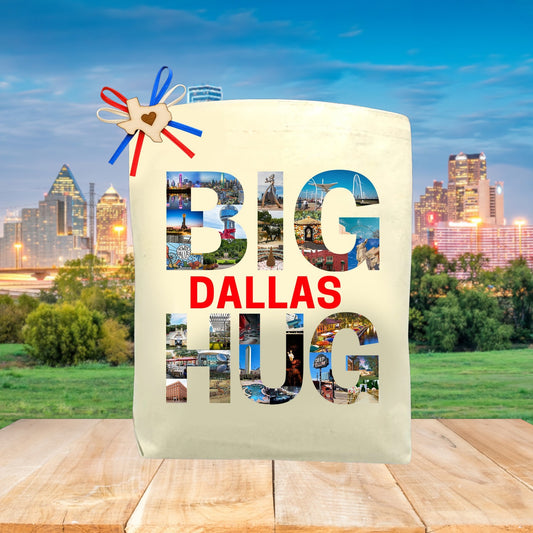 Canvas tote bag with the phrase “Big Dallas Hug,” styled with a Texas-themed design, perfect for filling with customizable snacks, treats, and gifts.