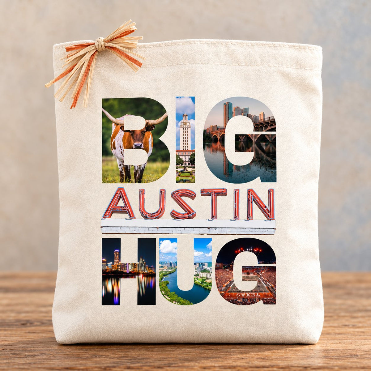 Create Your Own Big Austin Hug Gift Tote with natural raffia in a minimal setting