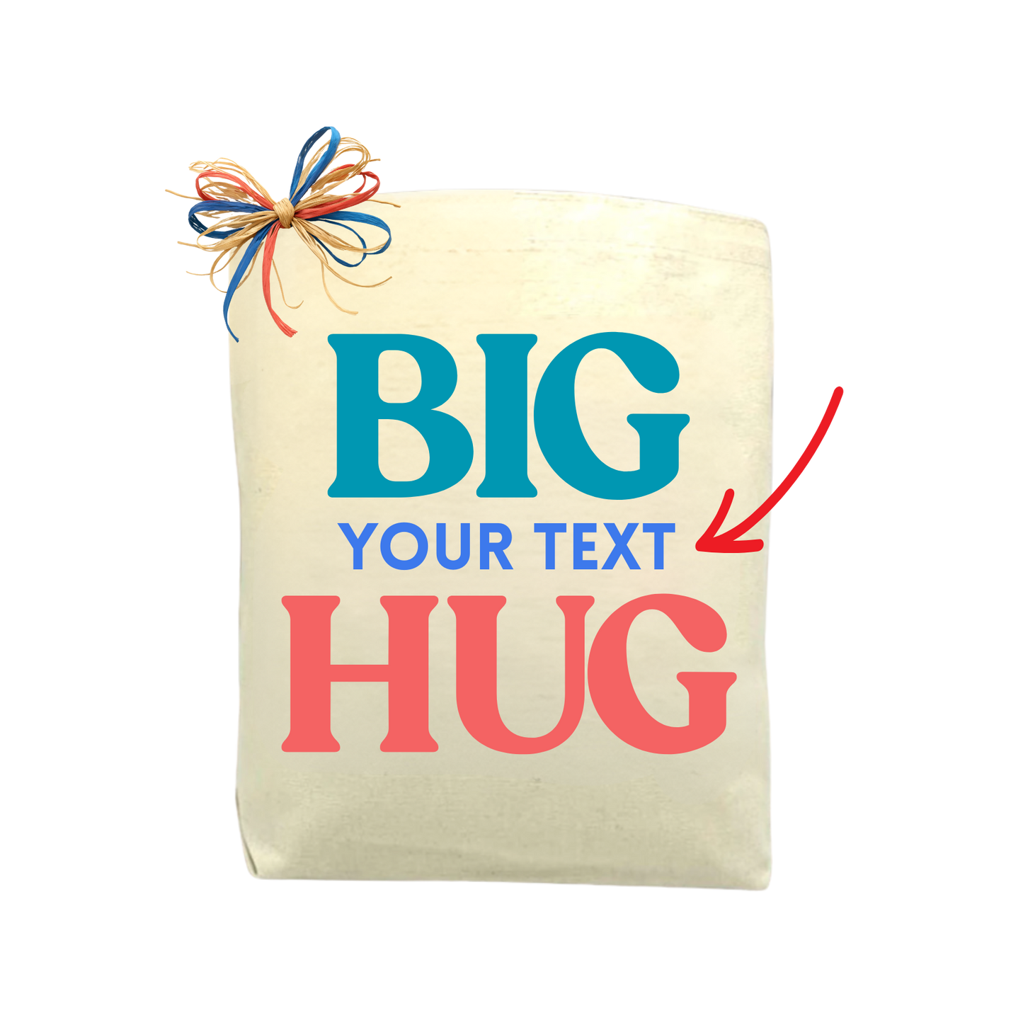 Canvas bag with 'BIG YOUR TEXT HUG' text and a colorful bow on a white background