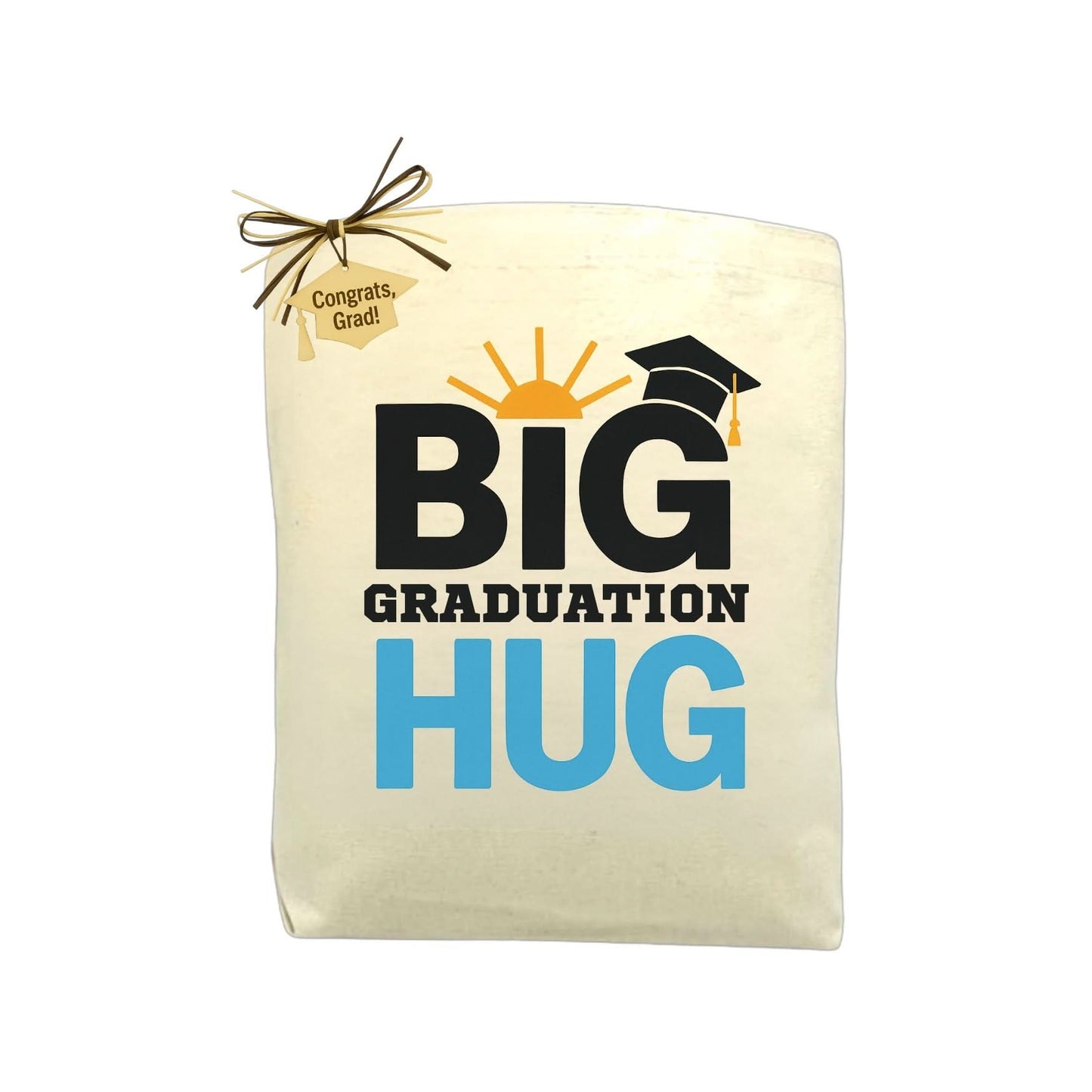 Graduation-themed gift bag with 'BIG GRADUATION HUG' text on a white background