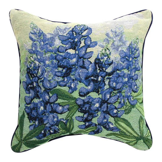 Blue Bonnet 17-inch tapestry pillow with a bluebonnet floral design displayed as a Texas-themed home décor gift on the Texas Gift Baskets storefront