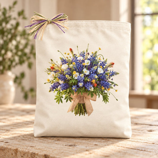 Bluebonnet Bouquet Gift Tote with natural raffia in soft daylight