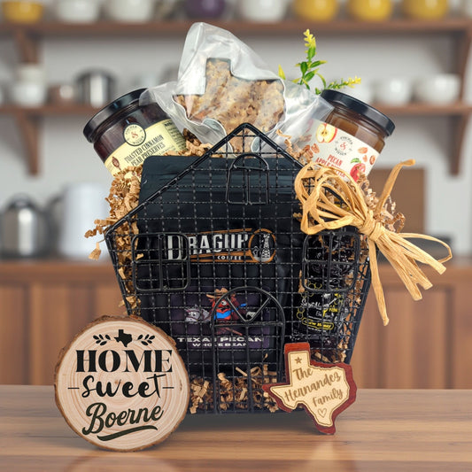 Boerne Comforts of Home gift basket with Texas-made treats and personalized keepsakes