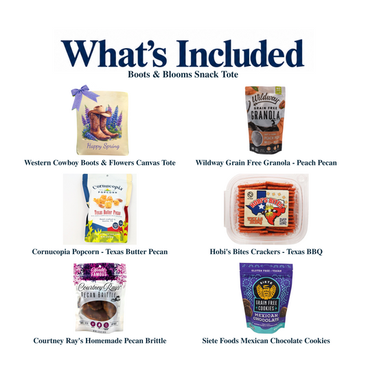 What's included in Boots & Blooms Snack Tote: each included item individually labeled.