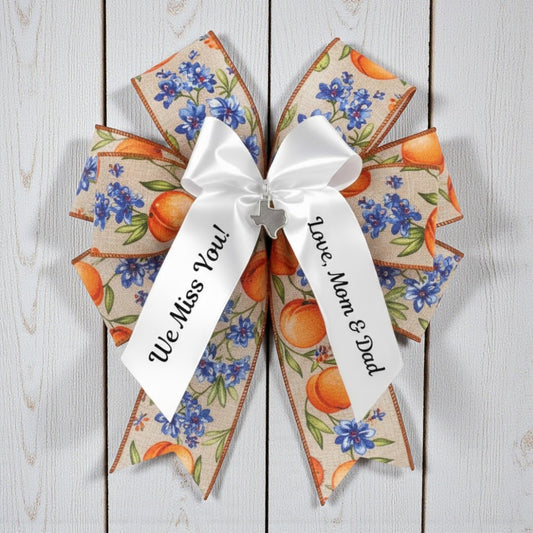 texas themed gift basket bow with custom pritned bow tails with personal messages printed on