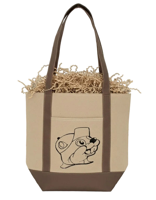 Brown Buc-ee’s canvas tote bag featuring the iconic Buc-ee’s illustration, designed for everyday use and thoughtful Texas gifts.