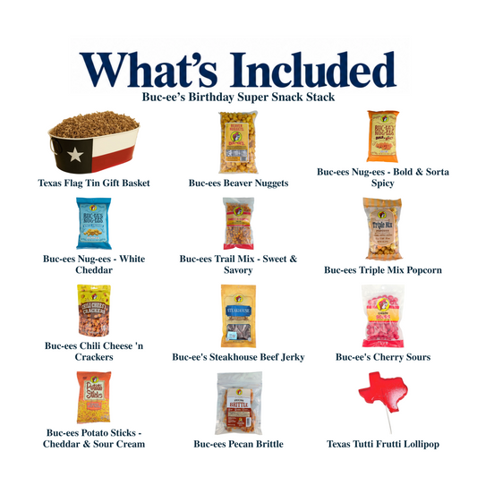What's included in Buc-ee’s Birthday Super Snack Stack: the gift container and each included product, individually labeled.