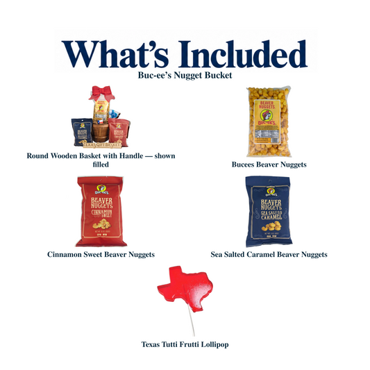 What's included in Buc-ee’s Nugget Bucket: the gift container and each included product, individually labeled.