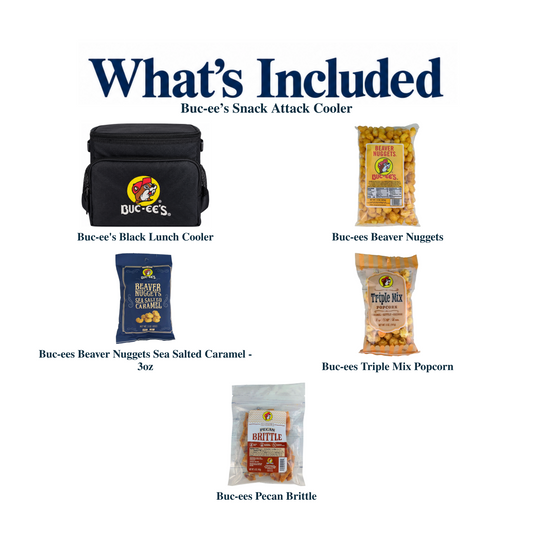 What's included in Buc-ee’s Snack Attack Cooler: the gift container and each included product, individually labeled.