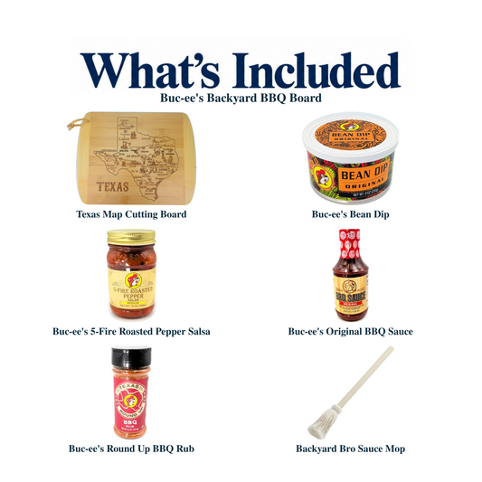 What's included in Buc-ee's Backyard BBQ Board: each included item individually labeled.
