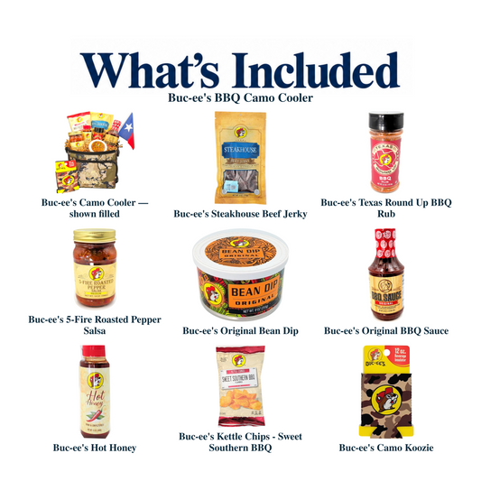 What's included in Buc-ee's BBQ Camo Cooler: each included item individually labeled.