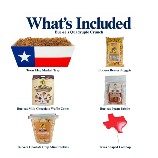 What's included in Buc-ee's Quadruple Crunch: the gift container and each included product, individually labeled.