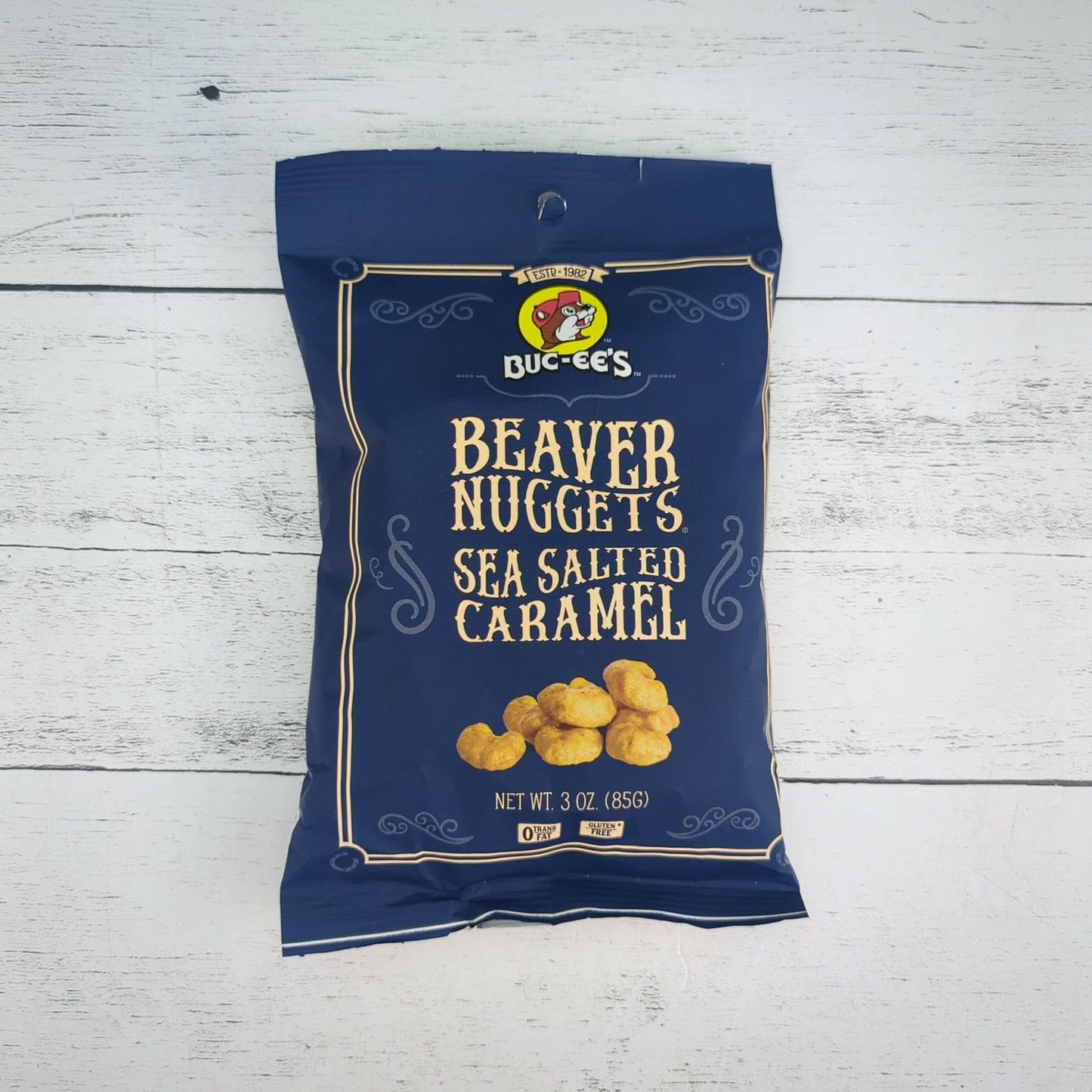 a package of bucees beaver nuggets sea salted caramel 3oz