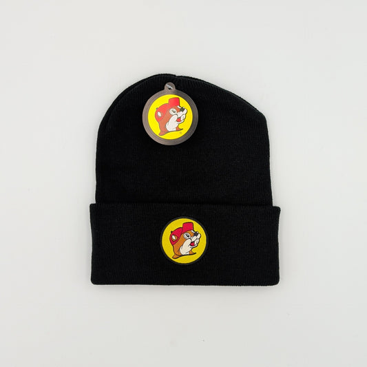 Black beanie with embroidered logos on a light gray background