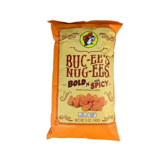 a 5oz package of bucees nugees bold n spicy, available for inclusion in a texas-themed gift basket, box, or tote
