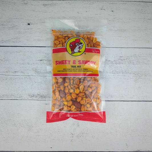 a ten ounce package of bucees sweet and savory trail mix, for inclusion in a texas-themed gift