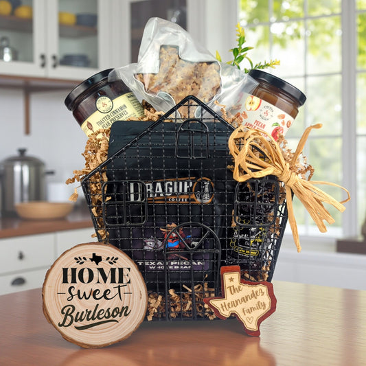 Burleson Cozy Home Basket with Texas-made treats and personalized keepsakes