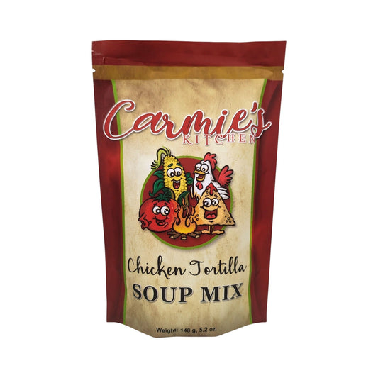 Bag of Carmie’s Kitchen chicken tortilla soup mix with illustrated label