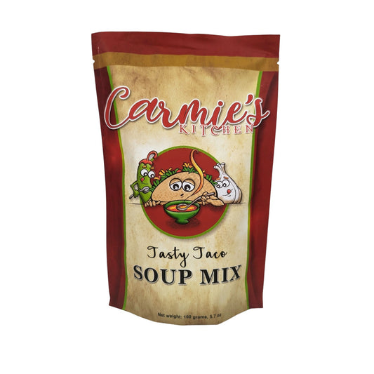Bag of Carmie’s Kitchen Tasty Taco soup mix with illustrated taco-themed label
