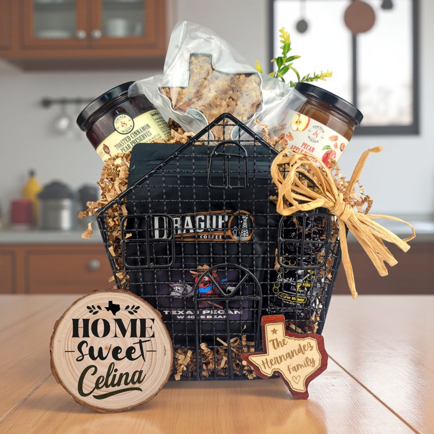 Celina Home Gatherings gift basket with Texas-made treats and personalized keepsakes