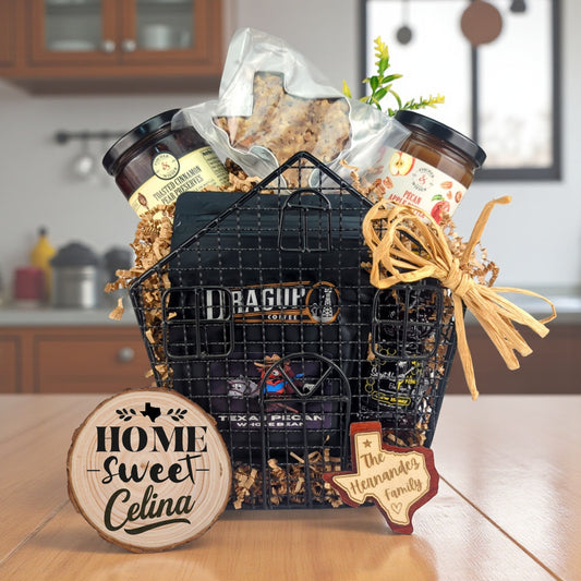 Celina Home Gatherings gift basket with Texas-made treats and personalized keepsakes